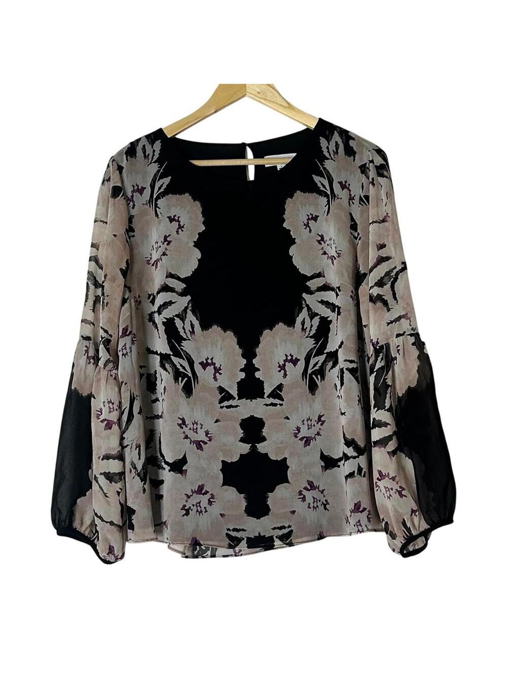 Calvin Klein Floral Long Sleeve Blouse Size L Multicolor Sheer Overlay Lined